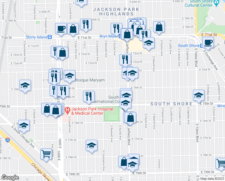 map of restaurants, bars, coffee shops, grocery stores, and more near 7421 South Bennett Avenue in Chicago