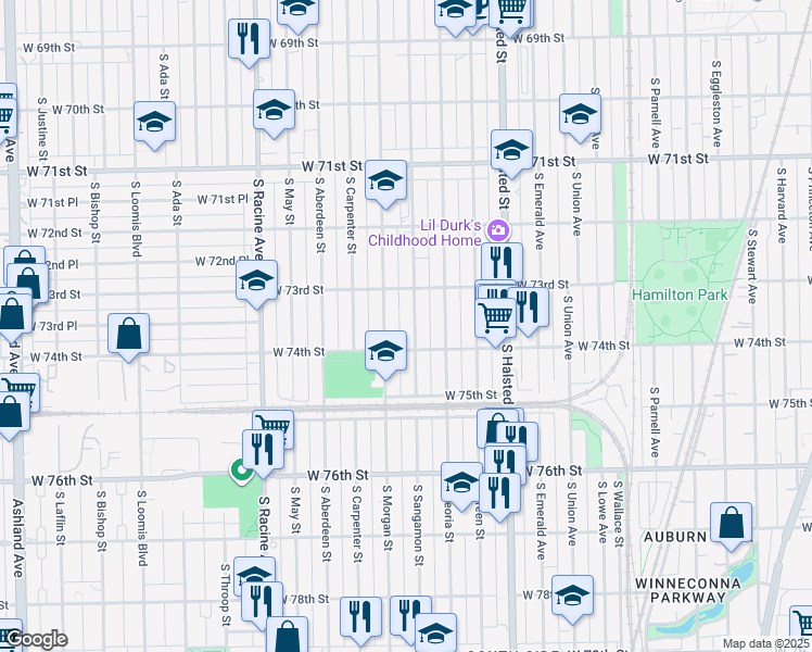 map of restaurants, bars, coffee shops, grocery stores, and more near 7354 South Sangamon Street in Chicago