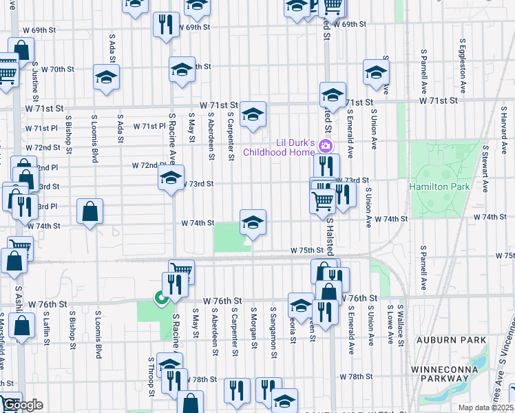 map of restaurants, bars, coffee shops, grocery stores, and more near 7350 South Morgan Street in Chicago