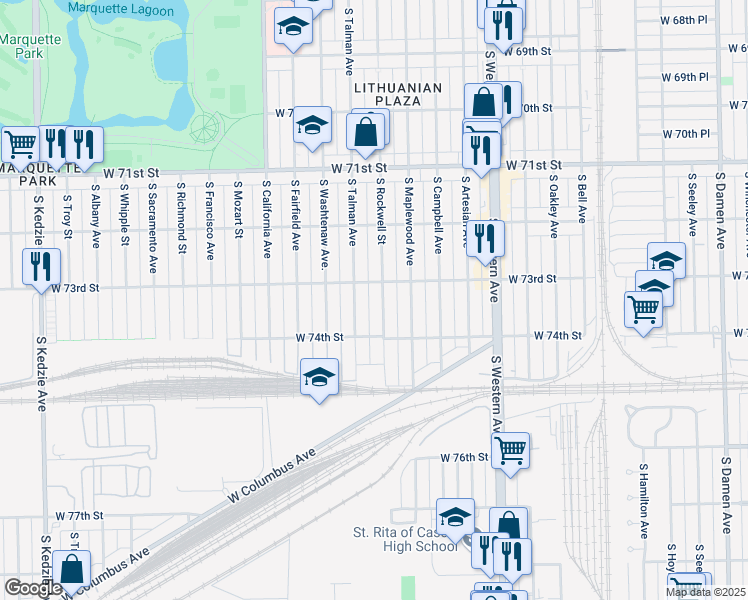 map of restaurants, bars, coffee shops, grocery stores, and more near 7332 South Rockwell Street in Chicago