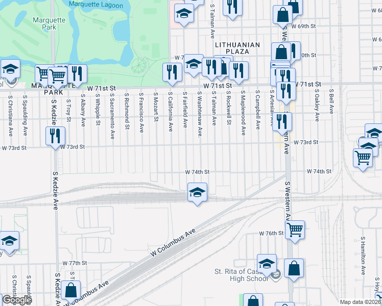 map of restaurants, bars, coffee shops, grocery stores, and more near 7329 South Fairfield Avenue in Chicago