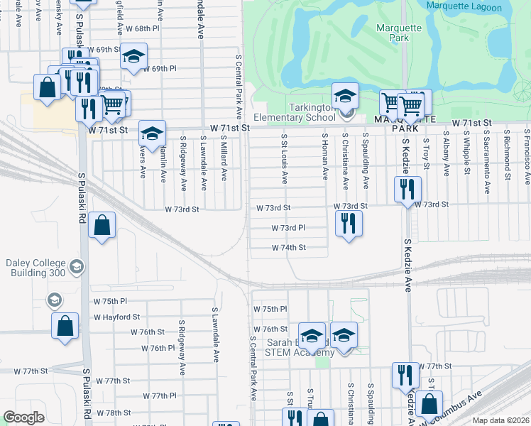 map of restaurants, bars, coffee shops, grocery stores, and more near 3522 West 73rd Place in Chicago