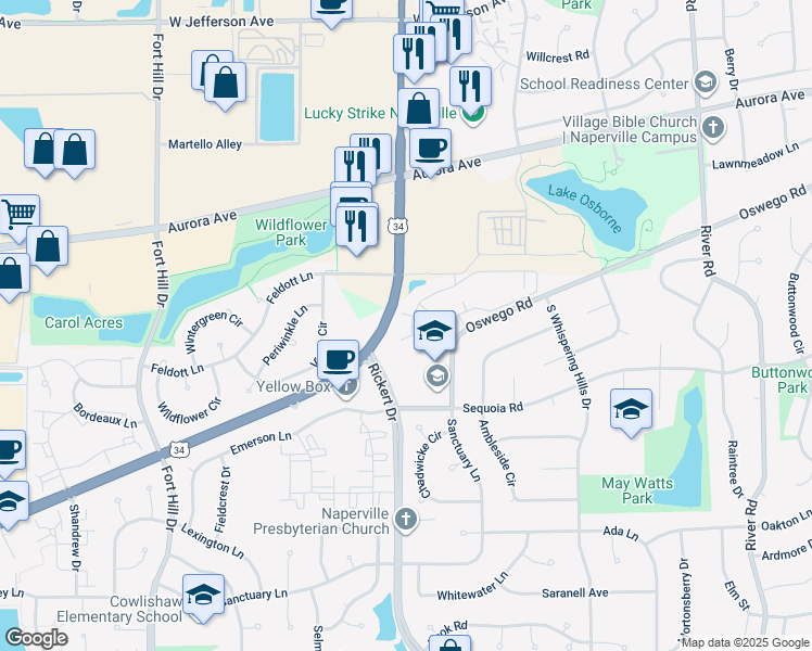 map of restaurants, bars, coffee shops, grocery stores, and more near 1598 Watkins Lane in Naperville