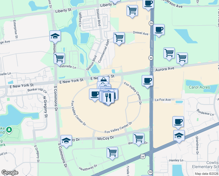 map of restaurants, bars, coffee shops, grocery stores, and more near 3 Fox Valley Center in Aurora