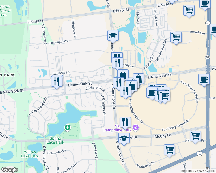 map of restaurants, bars, coffee shops, grocery stores, and more near 432 Valley Forge Court in Aurora
