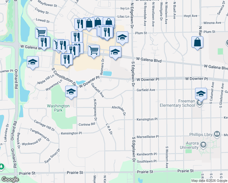 map of restaurants, bars, coffee shops, grocery stores, and more near 1921 Garfield Avenue in Aurora