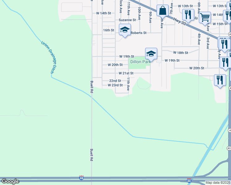 map of restaurants, bars, coffee shops, grocery stores, and more near West 24th Street in Rock Falls