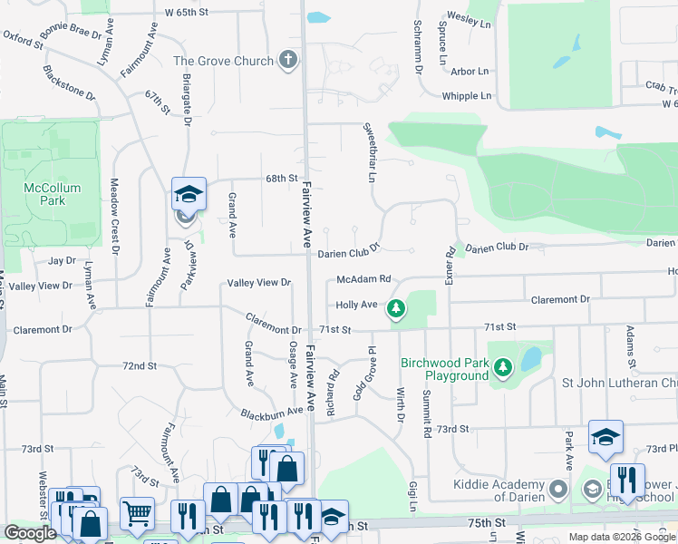 map of restaurants, bars, coffee shops, grocery stores, and more near 1905 McAdam Road in Darien
