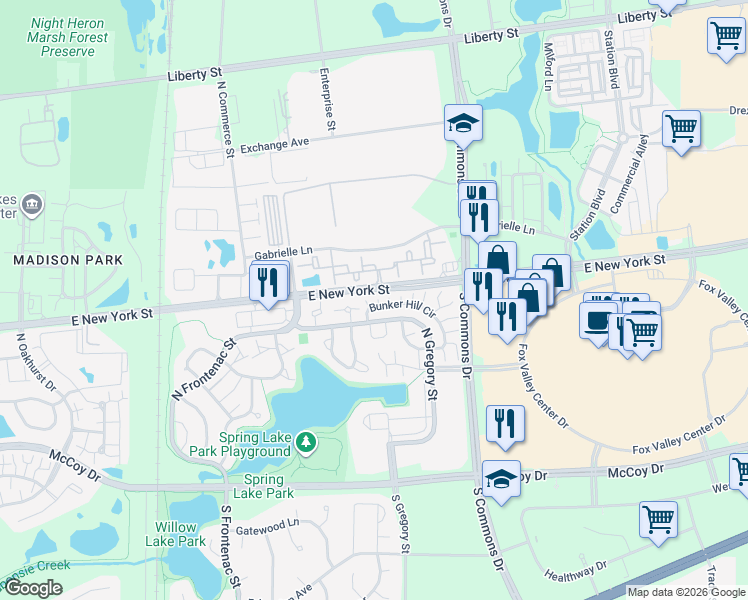 map of restaurants, bars, coffee shops, grocery stores, and more near 394 Bunker Hill Circle in Aurora
