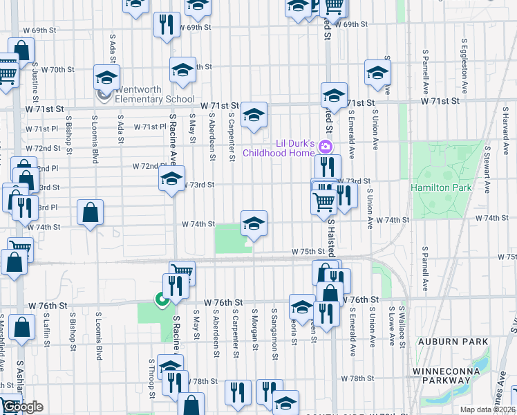 map of restaurants, bars, coffee shops, grocery stores, and more near 7350 South Morgan Street in Chicago