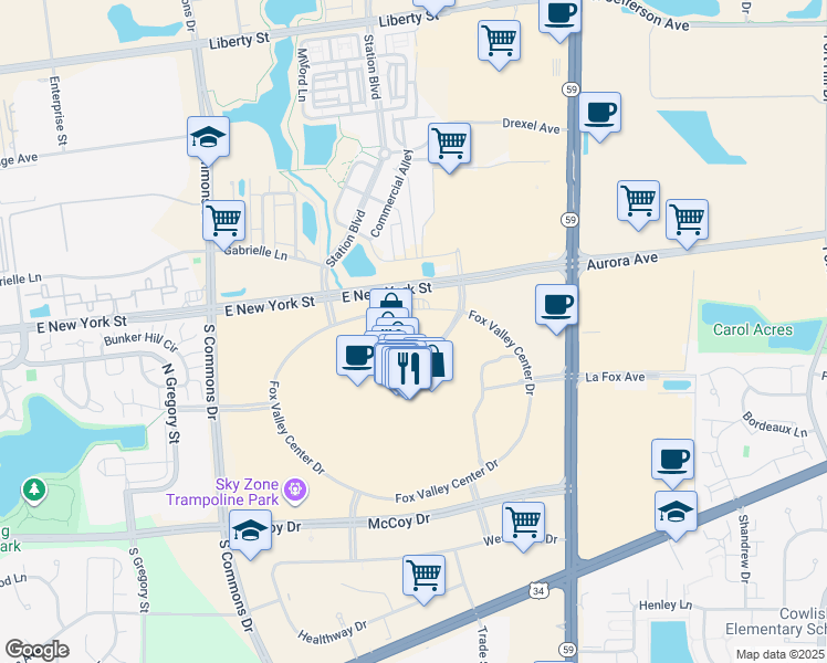 map of restaurants, bars, coffee shops, grocery stores, and more near 3 Fox Valley Center in Aurora