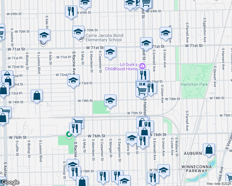 map of restaurants, bars, coffee shops, grocery stores, and more near 7354 South Sangamon Street in Chicago