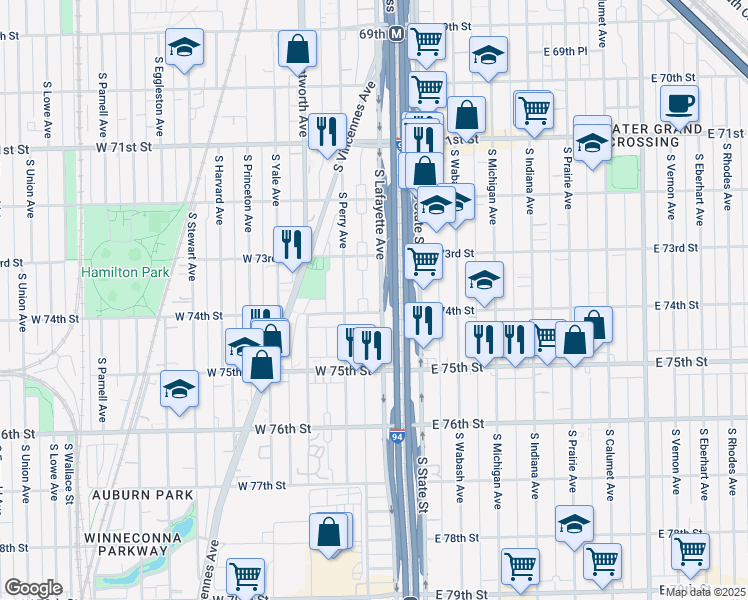 map of restaurants, bars, coffee shops, grocery stores, and more near 55 West 74th Street in Chicago