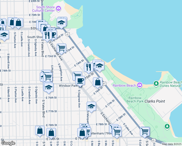 map of restaurants, bars, coffee shops, grocery stores, and more near 2713 East 75th Place in Chicago