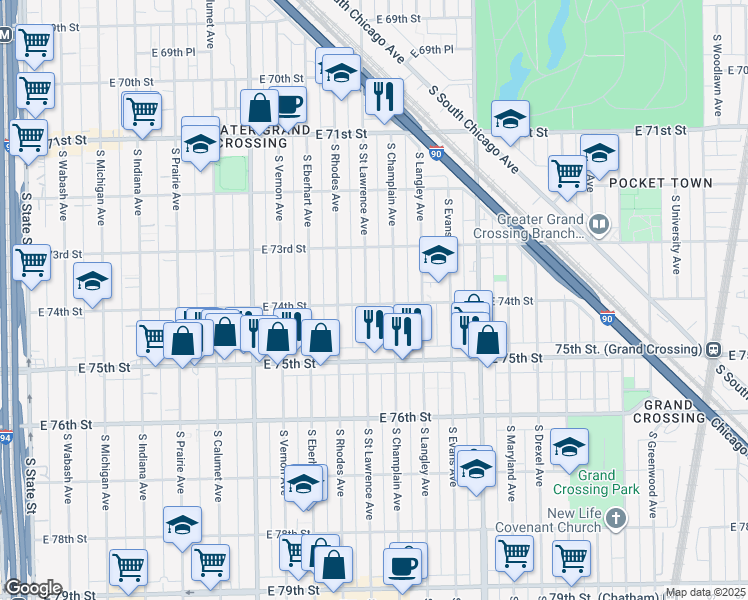 map of restaurants, bars, coffee shops, grocery stores, and more near 7406 South Saint Lawrence Avenue in Chicago