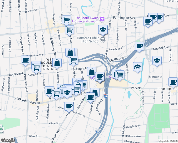 map of restaurants, bars, coffee shops, grocery stores, and more near 80 Orange Street in Hartford