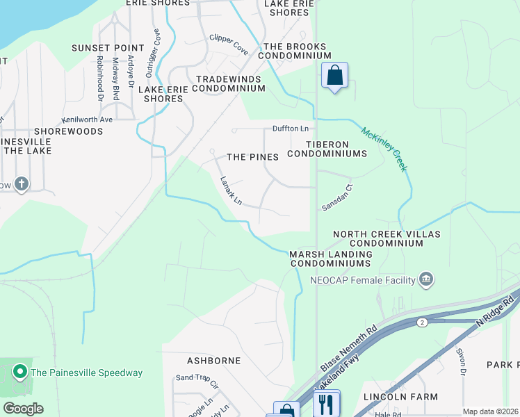 map of restaurants, bars, coffee shops, grocery stores, and more near Retford Parkway in Painesville
