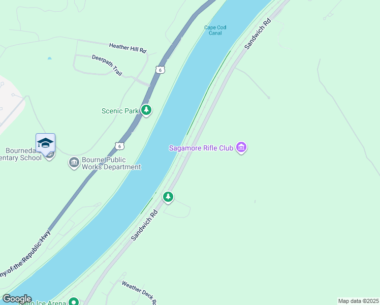 map of restaurants, bars, coffee shops, grocery stores, and more near Sandwich Road in Bourne