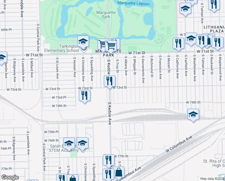 map of restaurants, bars, coffee shops, grocery stores, and more near 7326 South Troy Street in Chicago