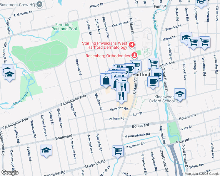 map of restaurants, bars, coffee shops, grocery stores, and more near 95 South Main Street in West Hartford