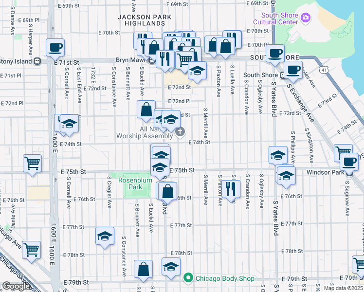 map of restaurants, bars, coffee shops, grocery stores, and more near 7425 South Chappel Avenue in Chicago