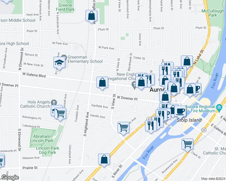 map of restaurants, bars, coffee shops, grocery stores, and more near 19 South View Street in Aurora