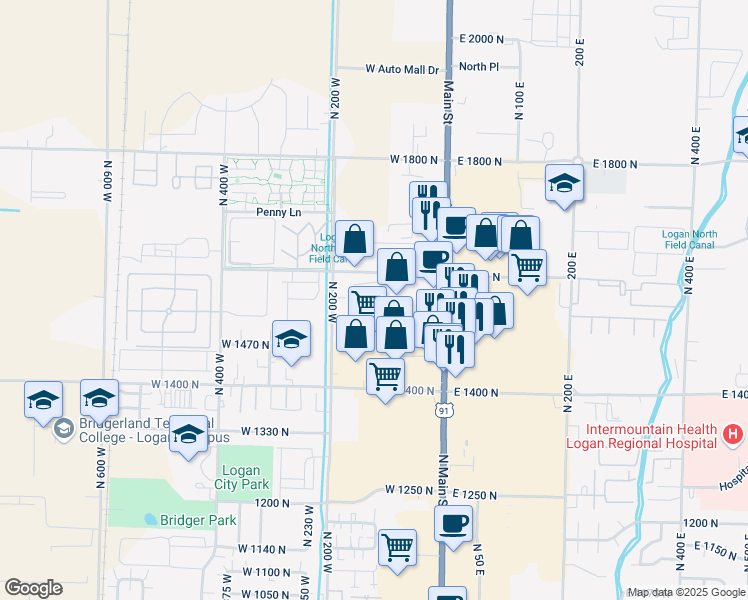 map of restaurants, bars, coffee shops, grocery stores, and more near 1575 Main Street in Logan