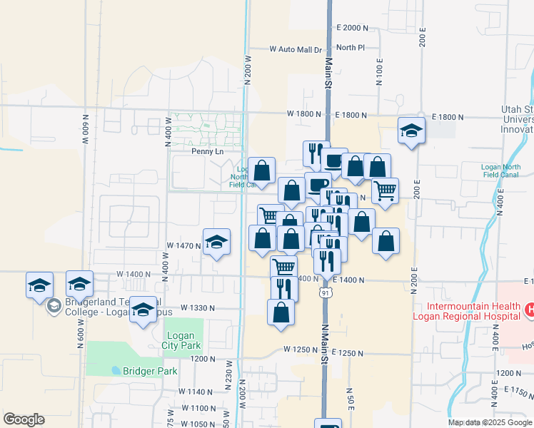 map of restaurants, bars, coffee shops, grocery stores, and more near 1510 North 200 West in Logan