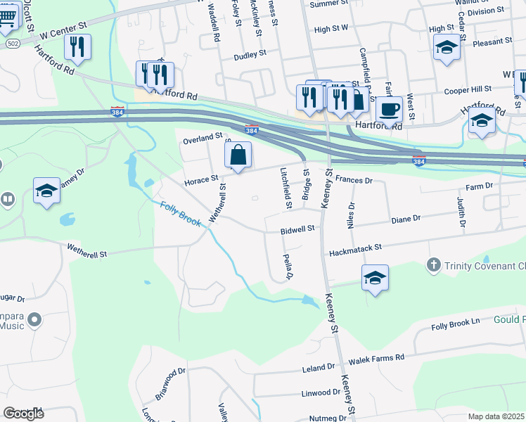 map of restaurants, bars, coffee shops, grocery stores, and more near 333 Bidwell Street in Manchester