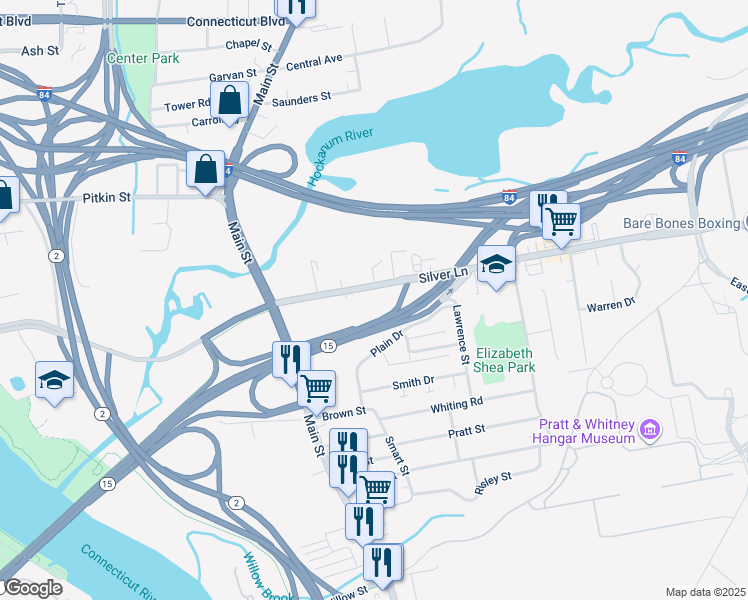 map of restaurants, bars, coffee shops, grocery stores, and more near 87R Silver Lane in East Hartford