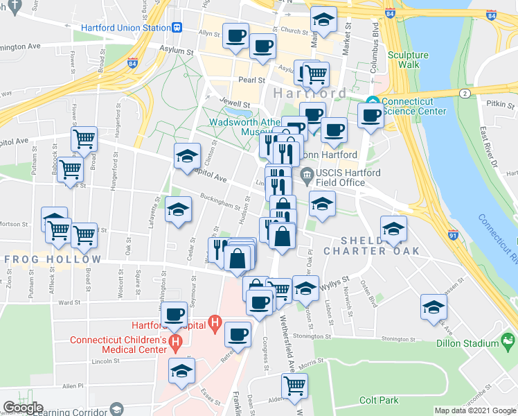 map of restaurants, bars, coffee shops, grocery stores, and more near 83 Buckingham Street in Hartford