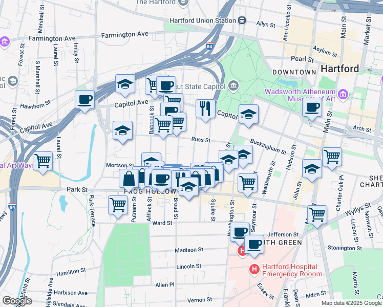 map of restaurants, bars, coffee shops, grocery stores, and more near 124 Hungerford Street in Hartford