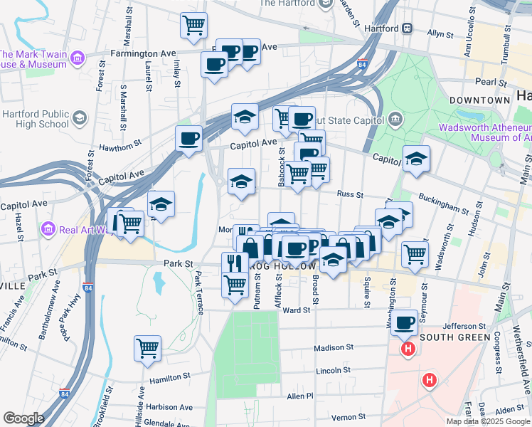 map of restaurants, bars, coffee shops, grocery stores, and more near in Hartford