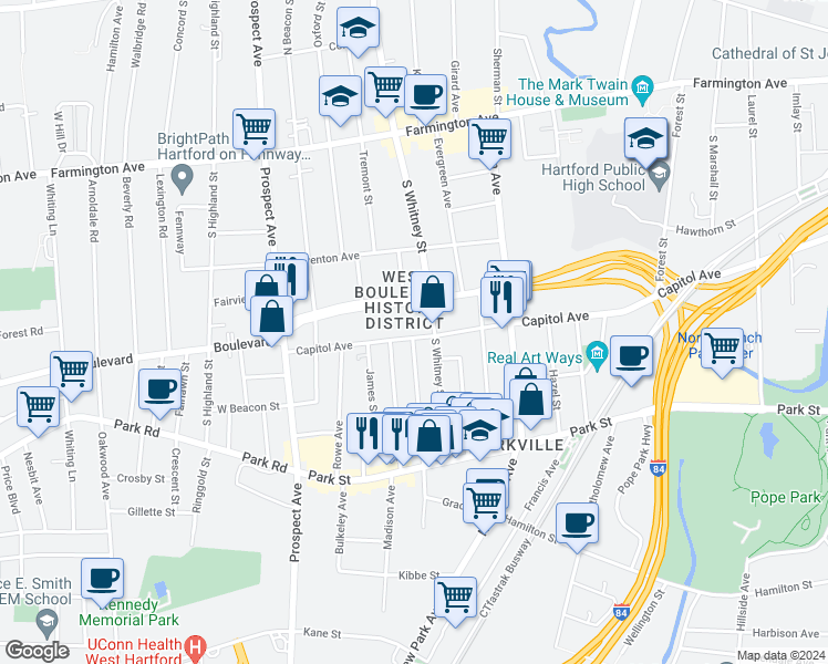 map of restaurants, bars, coffee shops, grocery stores, and more near in Hartford