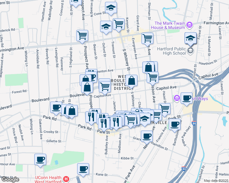 map of restaurants, bars, coffee shops, grocery stores, and more near 1065 Capitol Avenue in Hartford