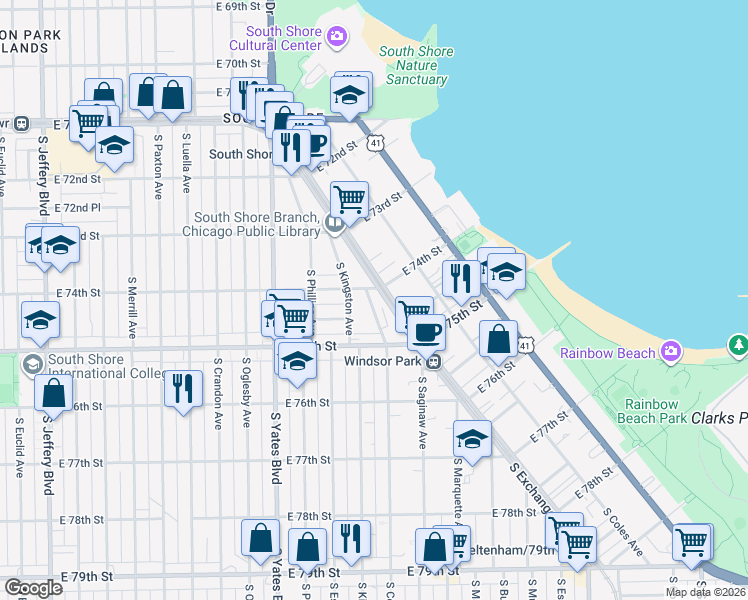 map of restaurants, bars, coffee shops, grocery stores, and more near 7420 South Colfax Avenue in Chicago