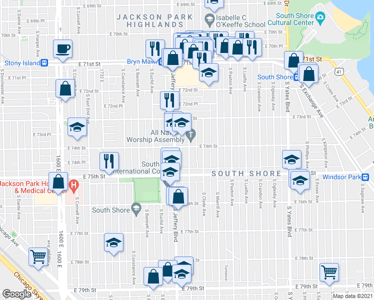 map of restaurants, bars, coffee shops, grocery stores, and more near 7425 South Chappel Avenue in Chicago