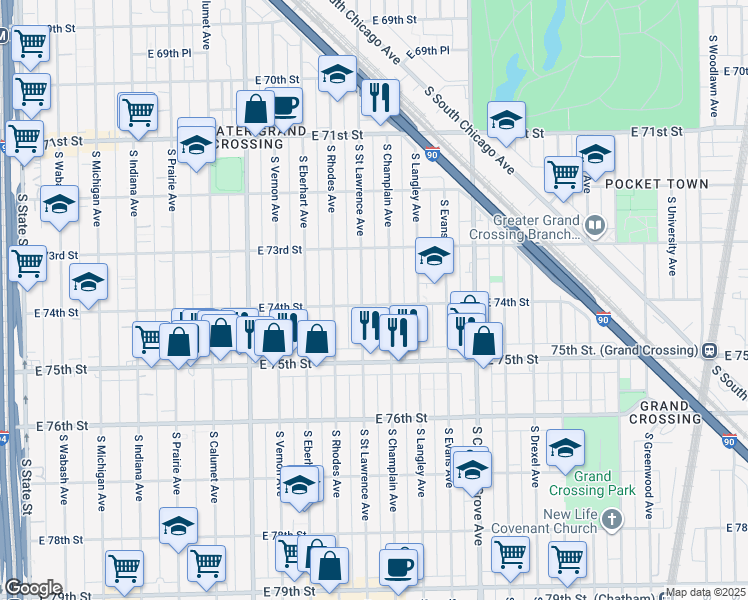 map of restaurants, bars, coffee shops, grocery stores, and more near 7406 South Saint Lawrence Avenue in Chicago