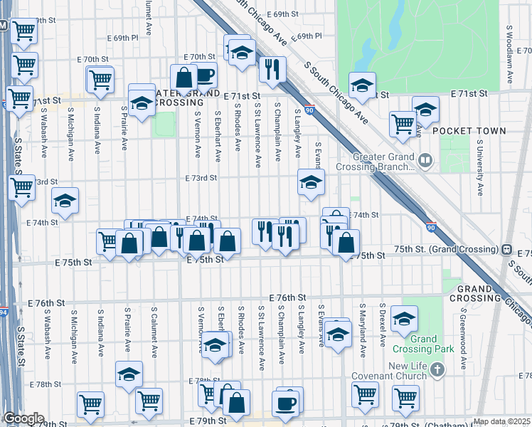 map of restaurants, bars, coffee shops, grocery stores, and more near 7406 South Saint Lawrence Avenue in Chicago