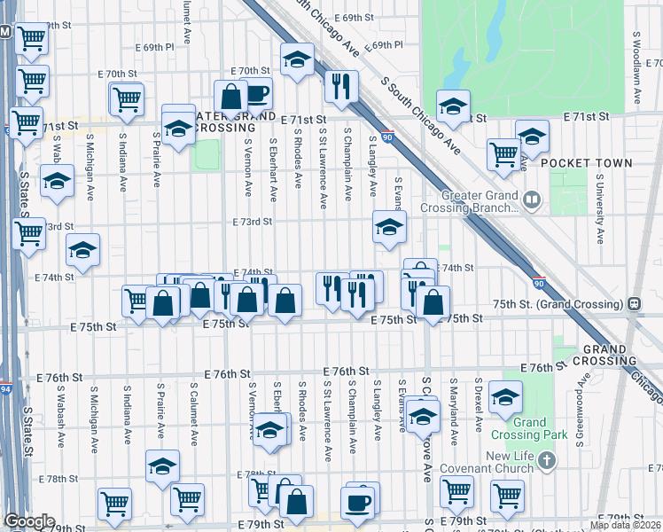 map of restaurants, bars, coffee shops, grocery stores, and more near 7406 South Saint Lawrence Avenue in Chicago