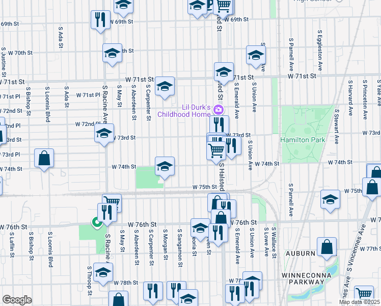 map of restaurants, bars, coffee shops, grocery stores, and more near 7351 South Peoria Street in Chicago