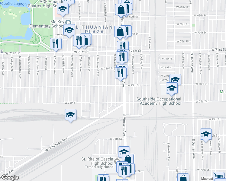 map of restaurants, bars, coffee shops, grocery stores, and more near 7333 South Artesian Avenue in Chicago