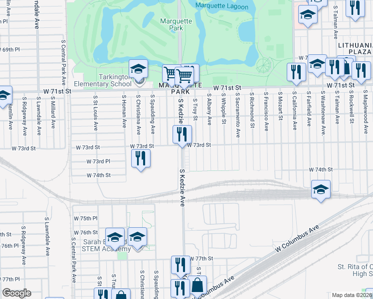 map of restaurants, bars, coffee shops, grocery stores, and more near 7326 South Troy Street in Chicago