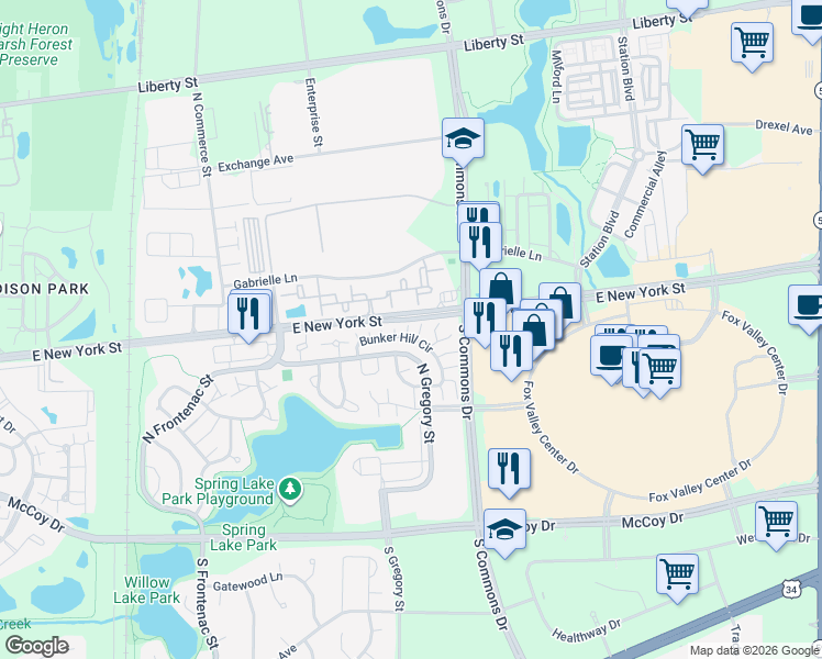 map of restaurants, bars, coffee shops, grocery stores, and more near 363 North Gregory Street in Aurora