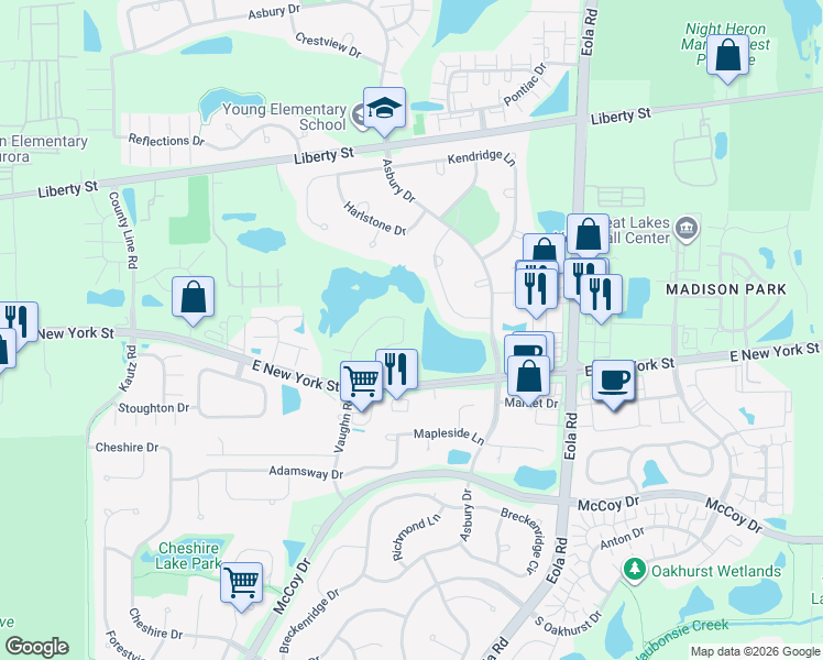 map of restaurants, bars, coffee shops, grocery stores, and more near 446 Vaughn Circle in Aurora