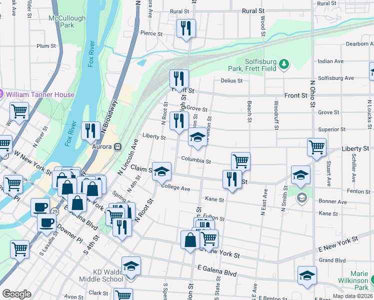 map of restaurants, bars, coffee shops, grocery stores, and more near 250 Jefferson Street in Aurora
