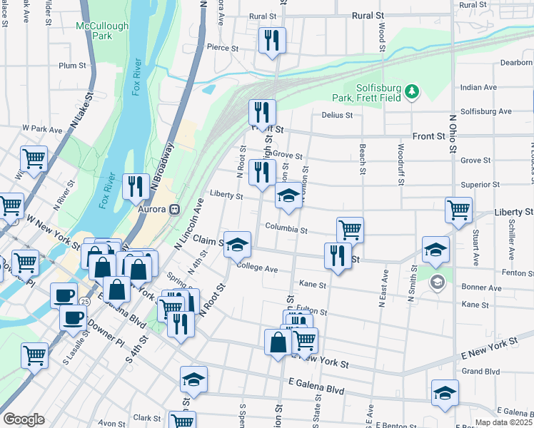 map of restaurants, bars, coffee shops, grocery stores, and more near 250 Jefferson Street in Aurora