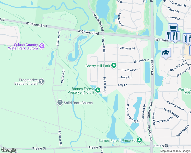 map of restaurants, bars, coffee shops, grocery stores, and more near 96 Blackberry Trail in Aurora