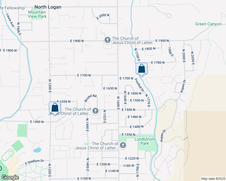 map of restaurants, bars, coffee shops, grocery stores, and more near 1580 East 1630 North in North Logan