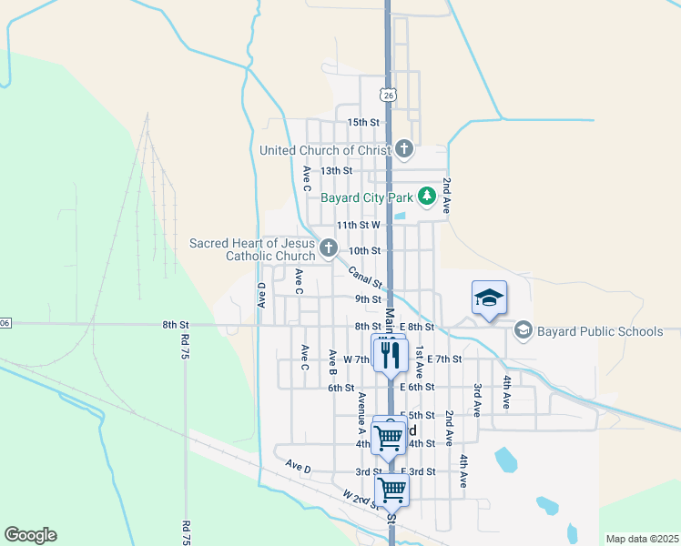 map of restaurants, bars, coffee shops, grocery stores, and more near 184-298 9th St in Bayard